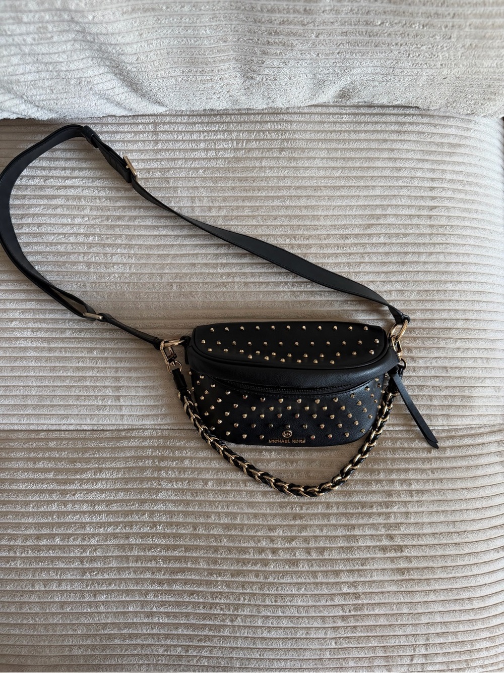 Michael Kors Black Studded Leather Crossbody Belt Bag with Gold Chain